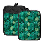 Green Tropical Monstera Pattern Print Pot Holders With Pocket