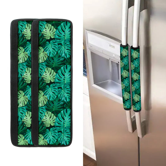 Green Tropical Monstera Pattern Print Refrigerator Handle Covers