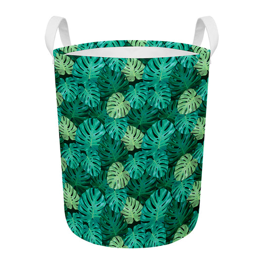 Green Tropical Monstera Pattern Print Round Laundry Basket