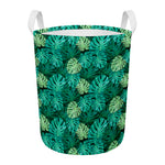 Green Tropical Monstera Pattern Print Round Laundry Basket