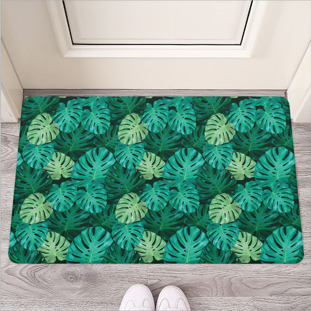 Green Tropical Monstera Pattern Print Rubber Doormat