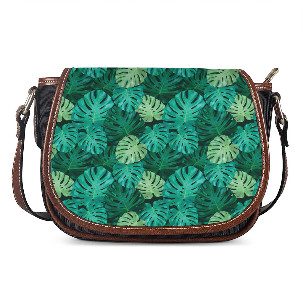 Green Tropical Monstera Pattern Print Saddle Bag