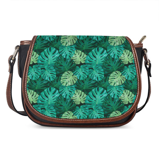 Green Tropical Monstera Pattern Print Saddle Bag