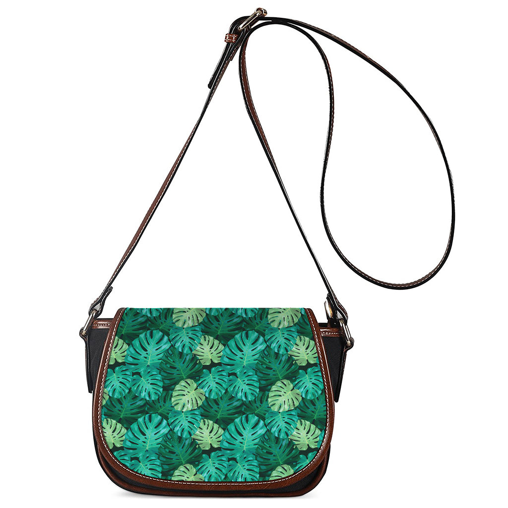 Green Tropical Monstera Pattern Print Saddle Bag
