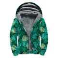Green Tropical Monstera Pattern Print Sherpa Lined Zip Up Hoodie