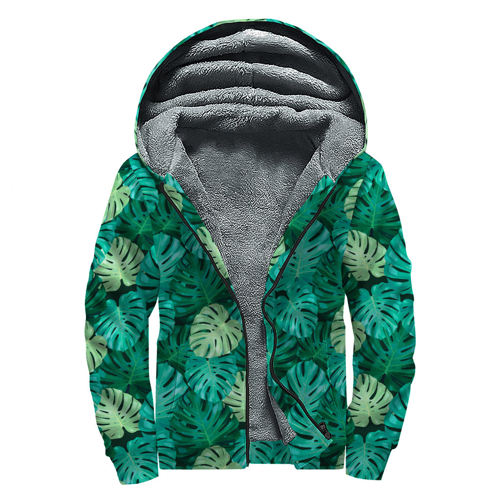 Green Tropical Monstera Pattern Print Sherpa Lined Zip Up Hoodie
