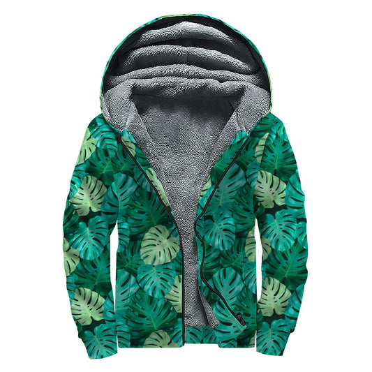 Green Tropical Monstera Pattern Print Sherpa Lined Zip Up Hoodie