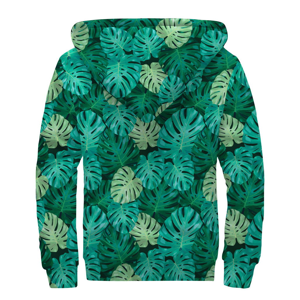 Green Tropical Monstera Pattern Print Sherpa Lined Zip Up Hoodie