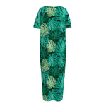 Green Tropical Monstera Pattern Print Short Sleeve Long Nightdress