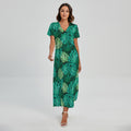 Green Tropical Monstera Pattern Print Short Sleeve Maxi Dress