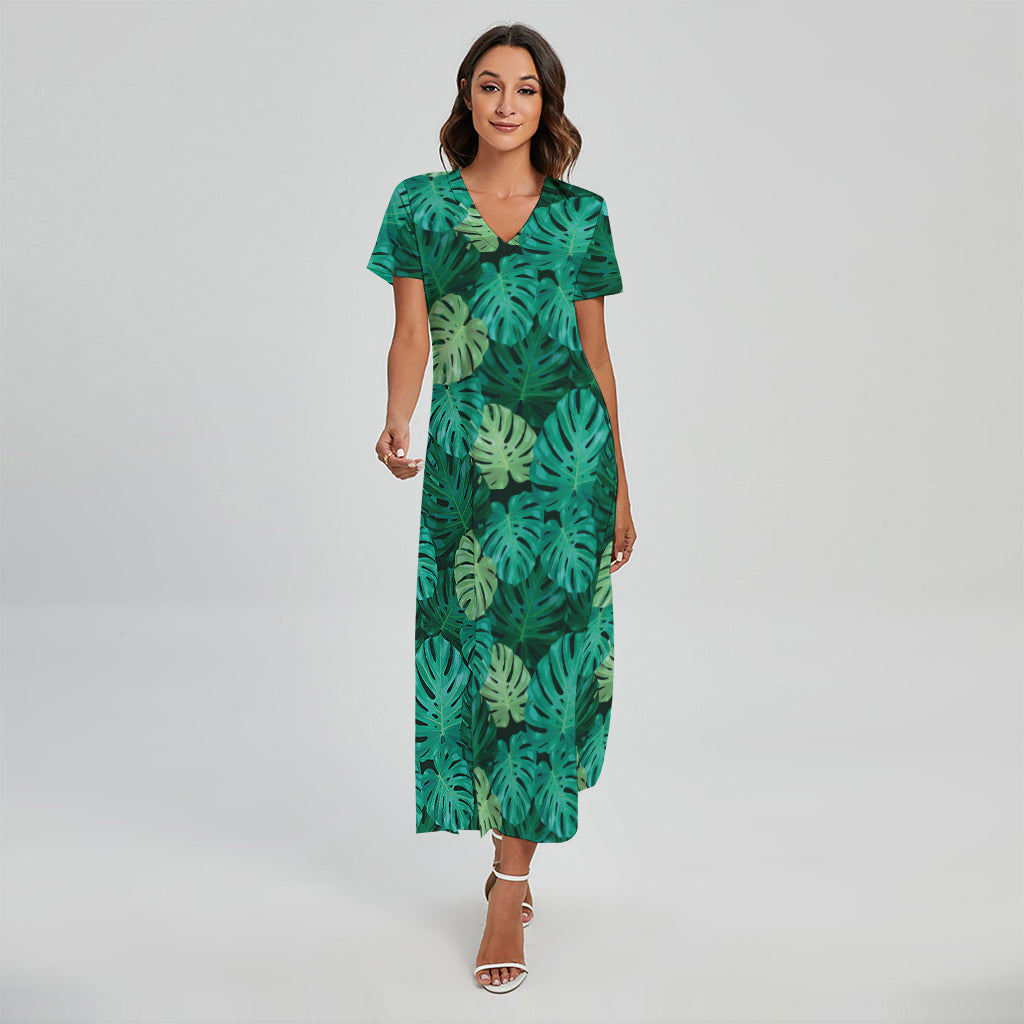 Green Tropical Monstera Pattern Print Short Sleeve Maxi Dress
