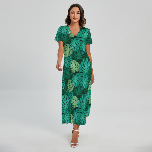 Green Tropical Monstera Pattern Print Short Sleeve Maxi Dress