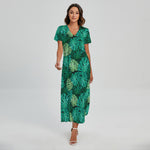 Green Tropical Monstera Pattern Print Short Sleeve Maxi Dress