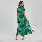 Green Tropical Monstera Pattern Print Short Sleeve Maxi Dress