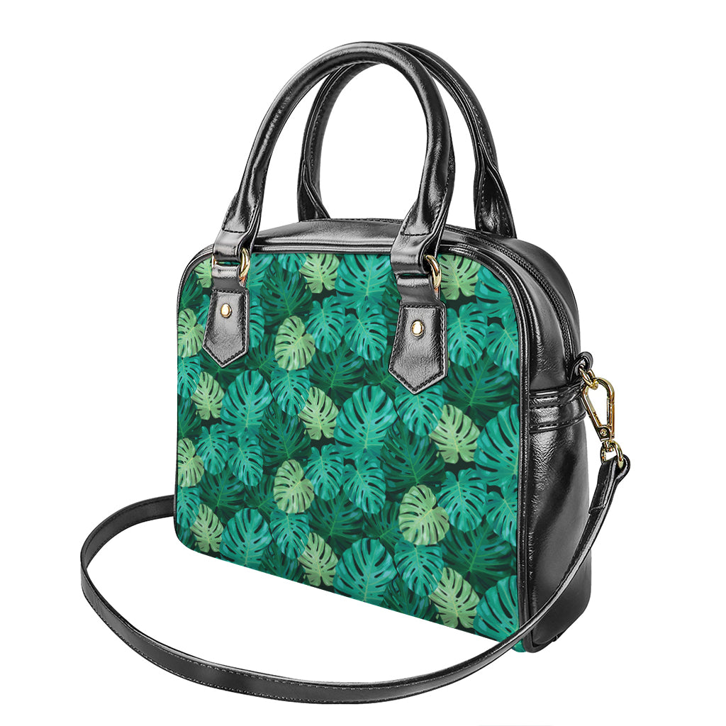 Green Tropical Monstera Pattern Print Shoulder Handbag