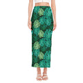 Green Tropical Monstera Pattern Print Side Slit Maxi Skirt