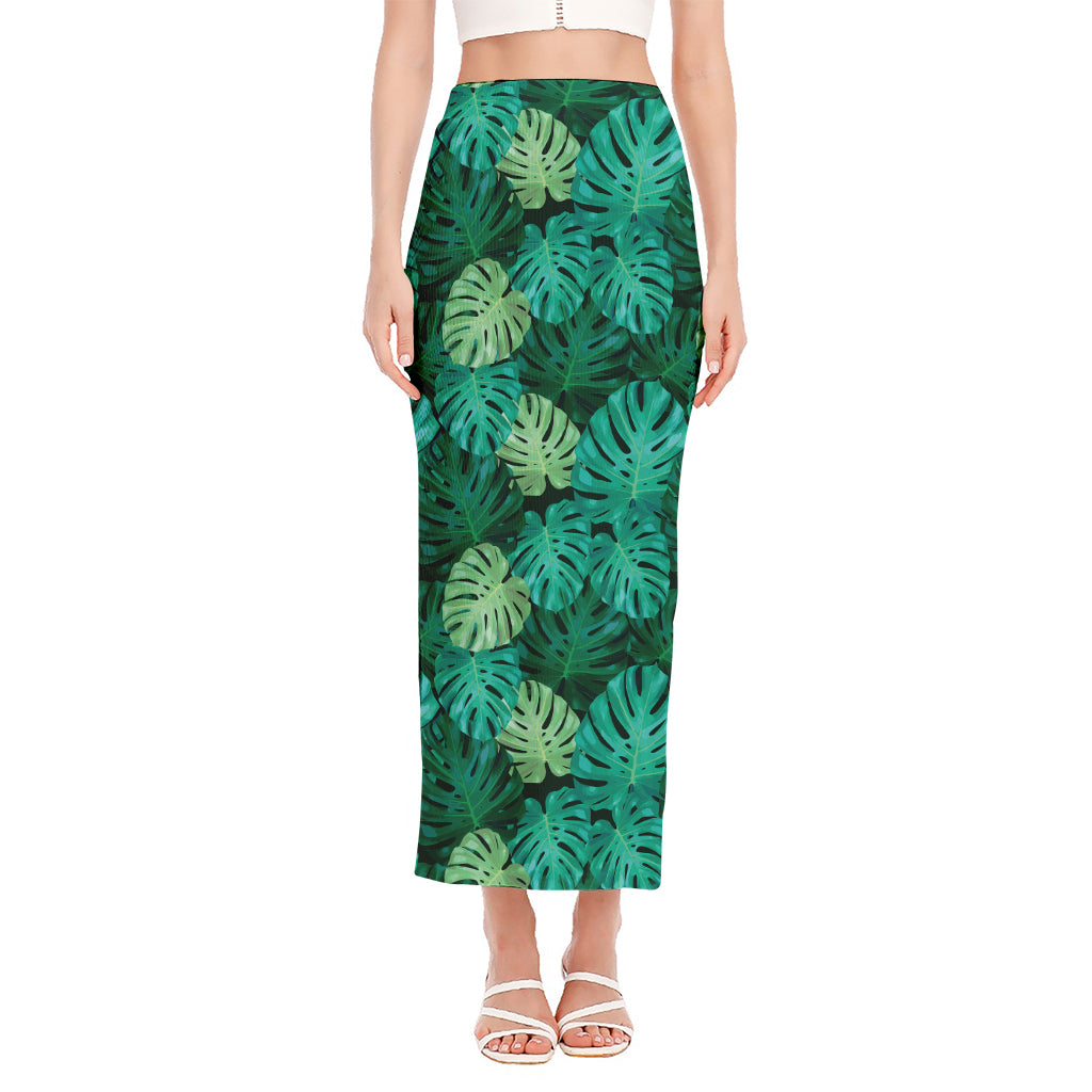 Green Tropical Monstera Pattern Print Side Slit Maxi Skirt