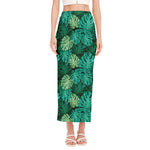 Green Tropical Monstera Pattern Print Side Slit Maxi Skirt