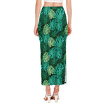 Green Tropical Monstera Pattern Print Side Slit Maxi Skirt
