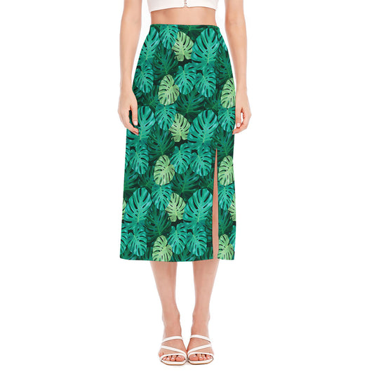 Green Tropical Monstera Pattern Print Side Slit Midi Skirt