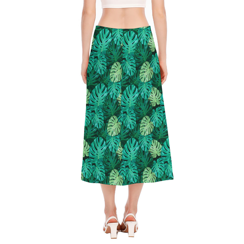 Green Tropical Monstera Pattern Print Side Slit Midi Skirt