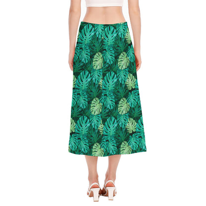 Green Tropical Monstera Pattern Print Side Slit Midi Skirt
