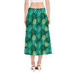 Green Tropical Monstera Pattern Print Side Slit Midi Skirt