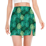 Green Tropical Monstera Pattern Print Side Slit Mini Skirt