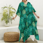 Green Tropical Monstera Pattern Print Silk V-Neck Kaftan Dress