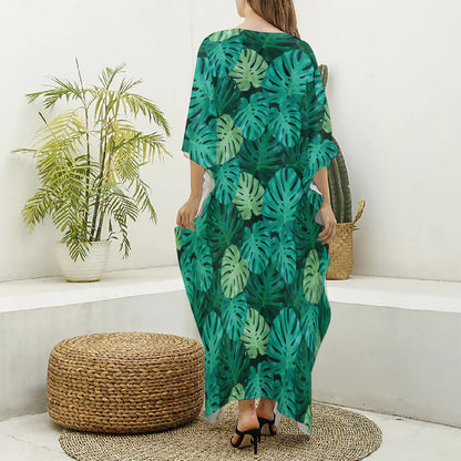 Green Tropical Monstera Pattern Print Silk V-Neck Kaftan Dress