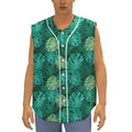 Green Tropical Monstera Pattern Print Sleeveless Baseball Jersey