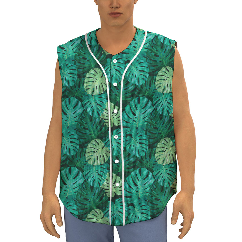 Green Tropical Monstera Pattern Print Sleeveless Baseball Jersey