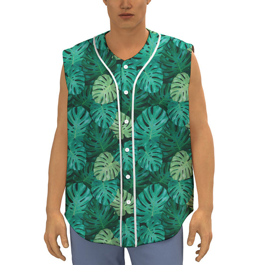 Green Tropical Monstera Pattern Print Sleeveless Baseball Jersey