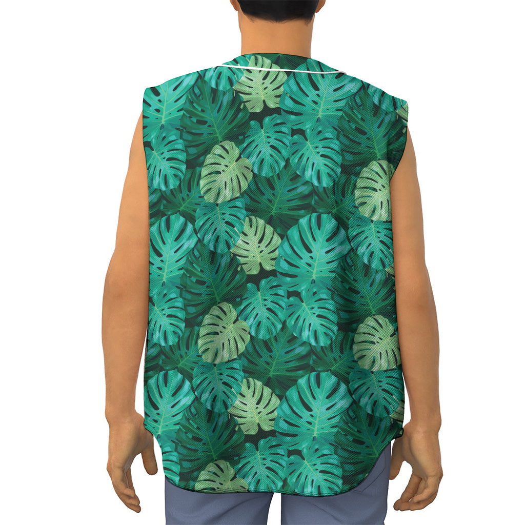Green Tropical Monstera Pattern Print Sleeveless Baseball Jersey