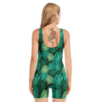 Green Tropical Monstera Pattern Print Sleeveless One Piece Swimsuit