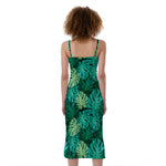 Green Tropical Monstera Pattern Print Slim Fit Midi Cami Dress