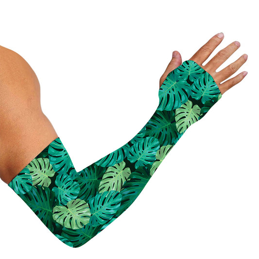 Green Tropical Monstera Pattern Print Sun Protection Arm Sleeves