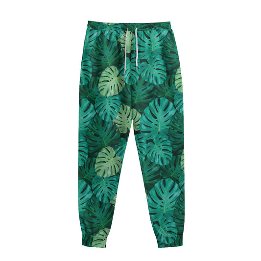Green Tropical Monstera Pattern Print Sweatpants