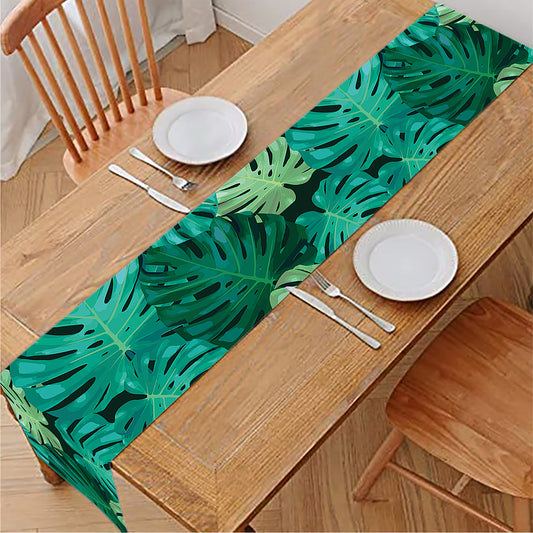 Green Tropical Monstera Pattern Print Table Runner