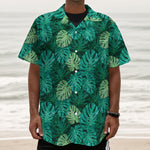 Green Tropical Monstera Pattern Print Textured Short Sleeve Shirt