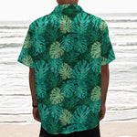 Green Tropical Monstera Pattern Print Textured Short Sleeve Shirt