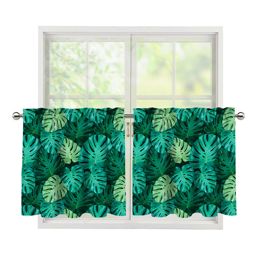 Green Tropical Monstera Pattern Print Tier Curtains