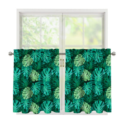 Green Tropical Monstera Pattern Print Tier Curtains