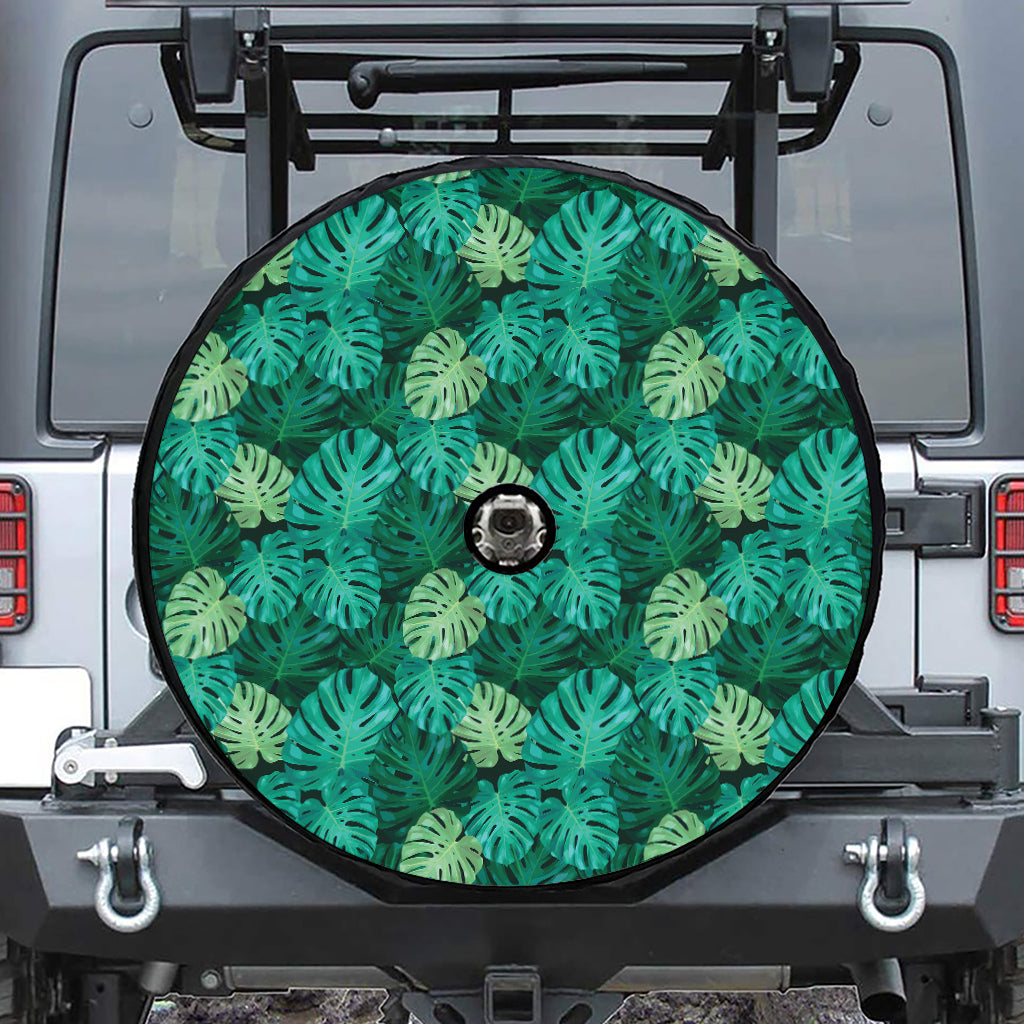 Green Tropical Monstera Pattern Print Tire Cover With Camera Hole