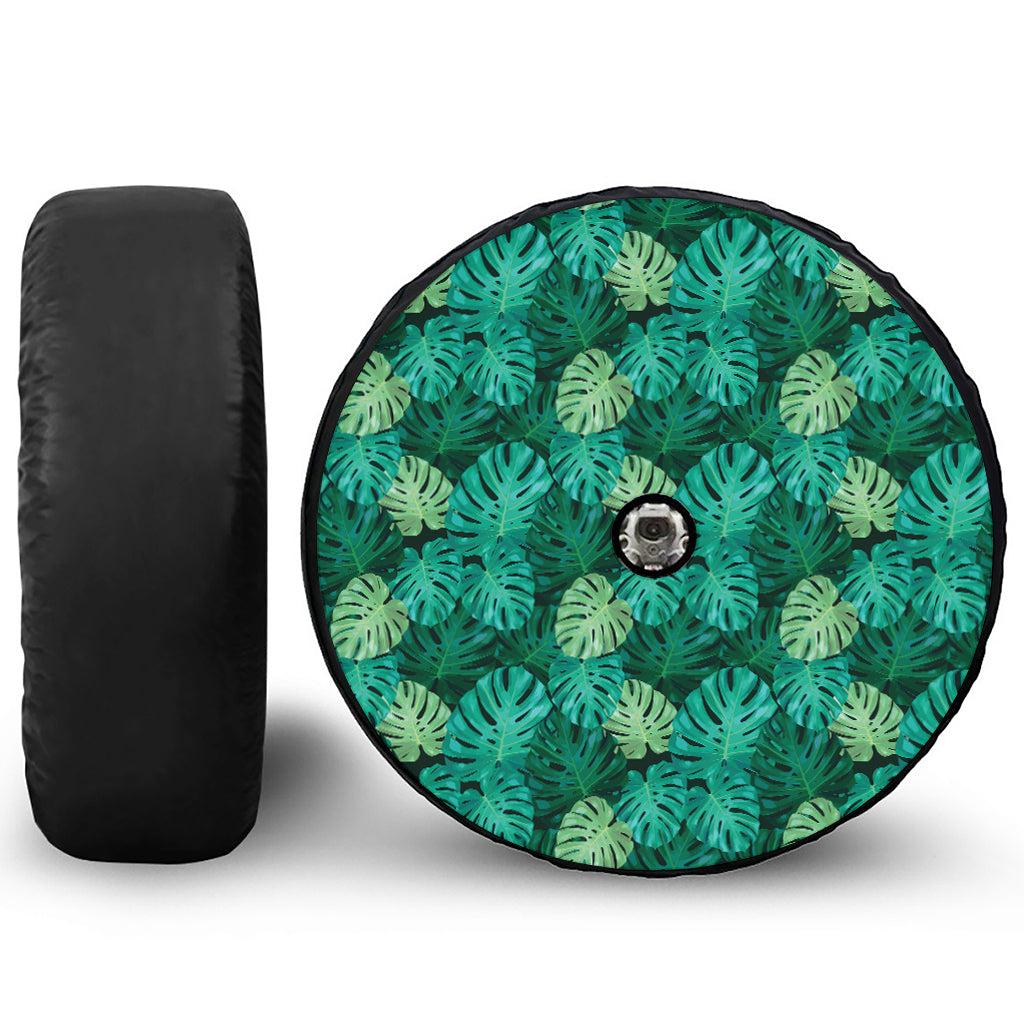 Green Tropical Monstera Pattern Print Tire Cover With Camera Hole