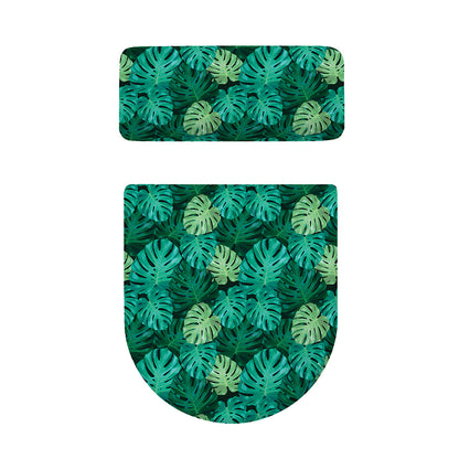Green Tropical Monstera Pattern Print Toilet Lid And Tank Cover Set