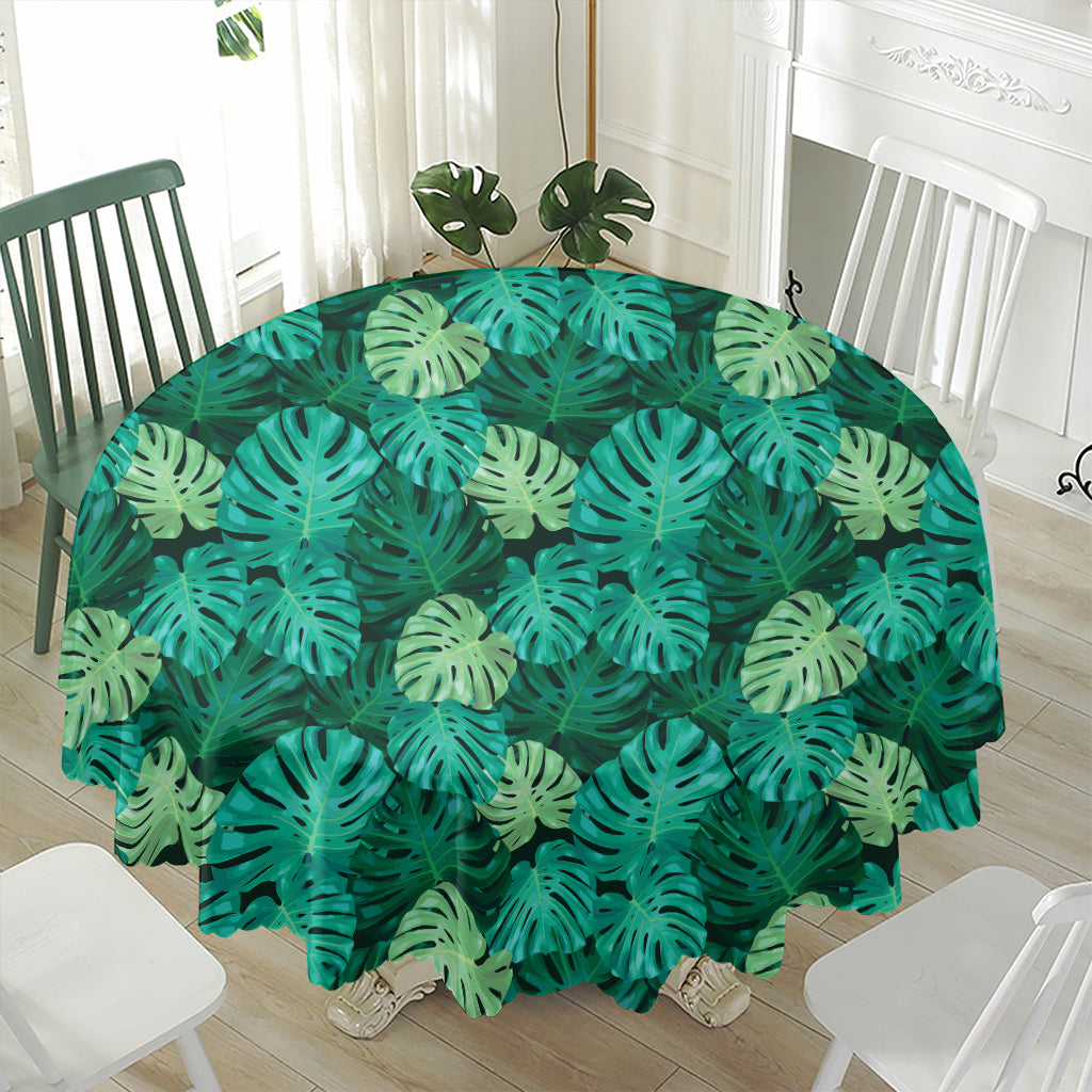 Green Tropical Monstera Pattern Print Waterproof Round Tablecloth