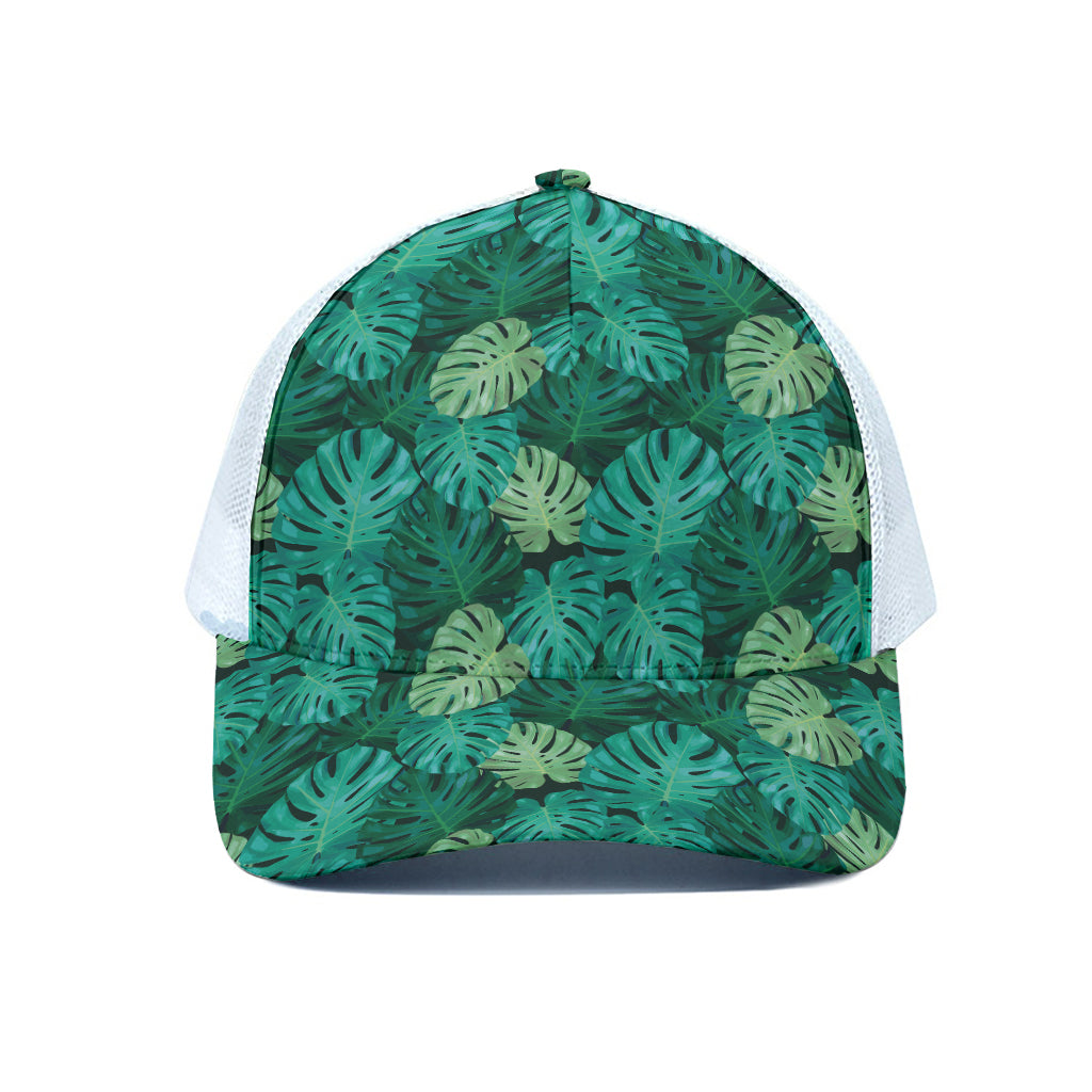 Green Tropical Monstera Pattern Print White Mesh Trucker Cap