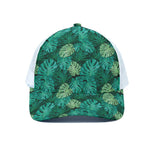 Green Tropical Monstera Pattern Print White Mesh Trucker Cap