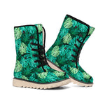 Green Tropical Monstera Pattern Print Winter Boots